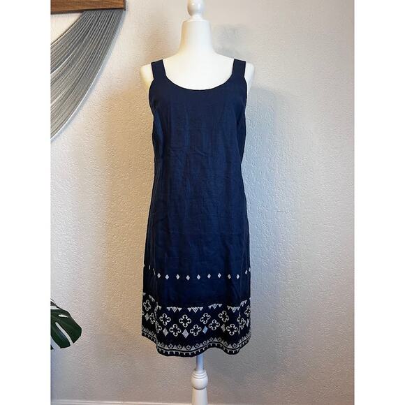 NWT Linen Neiman Marcus Navy W Sz S Shift Dress Embroidered Hem Mediterranean - Picture 1 of 9
